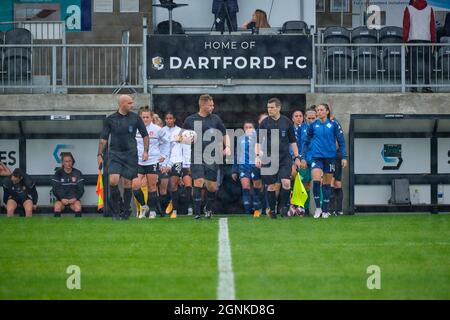 Dartford, UK. 26th Sep, 2021. Both teams enter the pitch during the FA Women's Championship game between London City Lionesses and Coventry United at Princes Park in Dartford Credit: SPP Sport Press Photo. /Alamy Live News Stock Photo