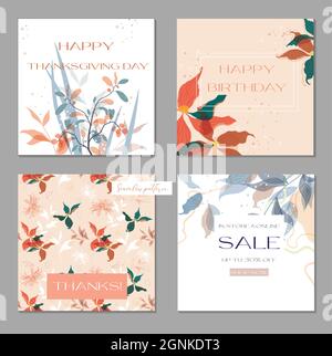 Set trendy abstract square art templates with floral elements. Suitable for social media posts, mobile apps, banners design and web internet ads.Gentl Stock Vector