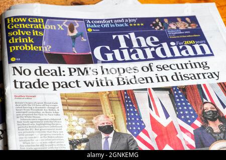'No deal: Johnson's hopes of securing trade pact with Biden in disarray' Guardian newspaper headline AUSUK front page article 22 September 2021 UK Stock Photo