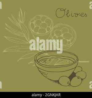 Olives in a bowl and olive branch isolated on background with text, vector illustration Stock Vector