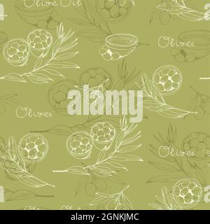 Olives and olive branch seamless vector pattern, olive oil vintage food background Stock Vector
