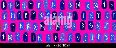 Runes seamless ethnic pattern. Runic alphabet, Futhark. Ancient norse occult symbols, bright vikings letters on dark blue, rune font. Design for fabri Stock Vector