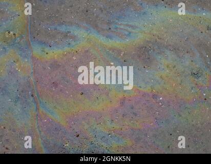 Oil stain on Asphalt road after rain. Multi-colored poisonous spots on the parking. Multi-colored oil stain on the pavement. Stock Photo