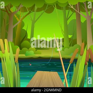Bank of river,lake in summer forest. Beautiful natural wild landscape. Place for recreation and fishing. Pier and fishing rod. Water flow with waves a Stock Vector