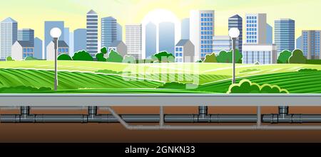 Pipeline for various purposes. Beautiful city landscape. Underground part of system. Illustration vector. Stock Vector