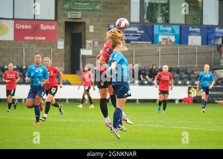 Dartford, UK. 26th Sep, 2021. Both teams challenge for header during the FA Women's Championship game between London City Lionesses and Coventry United at Princes Park in Dartford Credit: SPP Sport Press Photo. /Alamy Live News Stock Photo