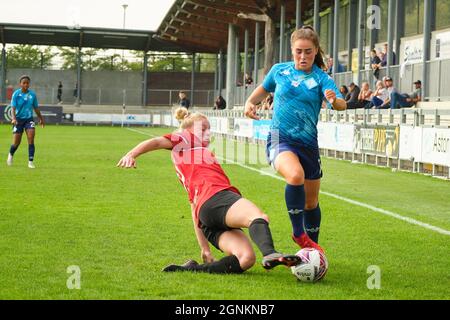 Dartford, UK. 26th Sep, 2021. Coventry United sliding tackle during the FA Women's Championship game between London City Lionesses and Coventry United at Princes Park in Dartford Credit: SPP Sport Press Photo. /Alamy Live News Stock Photo