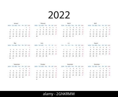 2022 year, calendar. Vector illustration. Weeks start on Monday. Stock Vector
