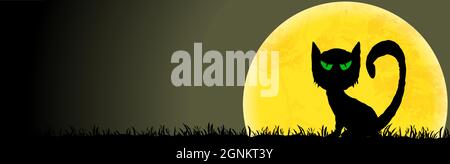 spooky cat in front of a full moon with grave stones and other scary illustrated elements for Halloween background layouts Stock Vector