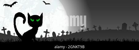 spooky cat in front of a full moon with grave stones and other scary illustrated elements for Halloween background layouts Stock Vector