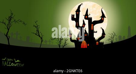 EPS vector file showing spooky dark castle in front of a full moon with grave stones and other scary illustrated elements for Halloween background lay Stock Vector