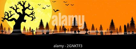 eps vector cemetery in front of woodlands with full moon with scary illustrated elements for Halloween background layouts Stock Vector