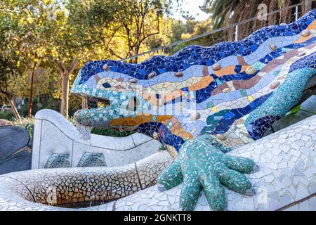Famous mosaic lizard or salamander fountain in Park Guell. Mosaic sculpture in the Parc Guell designed by Antoni Gaudi located on Carmel Hill, Barcelo Stock Photo
