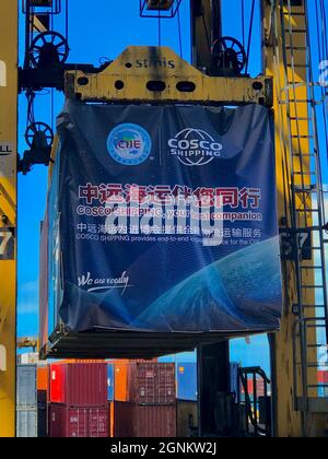 Auckland. 26th Sep, 2021. Products from New Zealand and Vanuatu are ready to be shipped to the the fourth China International Import Expo (CIIE) from the Auckland port in New Zealand, Sept. 25, 2021. The fourth CIIE will be held in Shanghai from Nov. 5 to 10, 2021. Credit: Xinhua/Alamy Live News Stock Photo