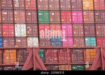 A view of containers stacked on a ship in Qinzhou Port in southern ...