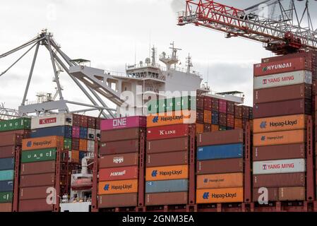 Southampton, England, UK. 2021.  Shipping containers stacked on a container ship alongside in a deep water port. Stock Photo