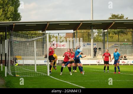 Dartford, UK. 26th Sep, 2021. Coventry clear the ball off the line during the FA Women's Championship game between London City Lionesses and Coventry United at Princes Park in Dartford Credit: SPP Sport Press Photo. /Alamy Live News Stock Photo