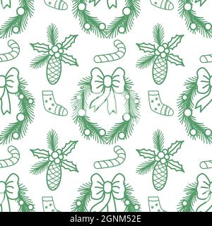 Christmas and Happy New Year seamless pattern with wreath, pine cone, sock and candy. Isolated on white vector illustration. Endless holiday backgroun Stock Vector