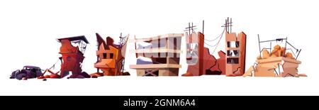 Set of cartoon ruined abandoned houses and car. Destroyed city buildings after earthquake or war destruction. Damaged town with old broken dilapidated dwelling after explosion or natural disaster. Stock Vector