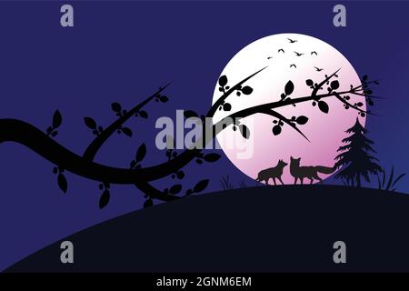 Landscape vector design with fox and pretty moon all mixed background. Tree leaf on the moon amazing dark night background vector. Stock Vector