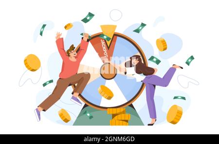 Lucky people near the wheel of fortune win a million. Happy millionaires hit the jackpot at casino. Cash prize in game of chance. Flat woman and man winners with spinning roulette or rotating circle. Stock Vector