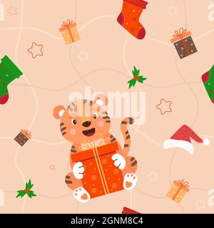 Seamless pattern with tiger and New Years decor. Cute animal with big gift on background with Christmas socks, Santa hat, mistletoe and stars. Vector Stock Vector