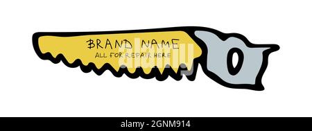 Logo in trendy colors. The yellow saws up and down, with text in between. Template for advertising a construction store. Vector illustration. Yellow Stock Vector