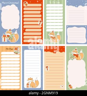 Set of weekly or daily planner, note paper, to do list, Merry Christmas stickers templates decorated by cute fox With gifts and Christmas tree. Vector Stock Vector