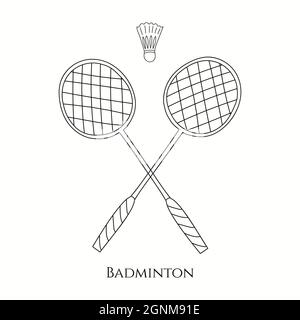 Line art style badminton rackets and shuttlecock. Vector illustration. Stock Vector