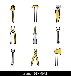 Saw, wire cutters, adjustable wrench, hammer, screwdriver, ax in trendy colors. Yellow and grey. Vector illustration. Stock Vector