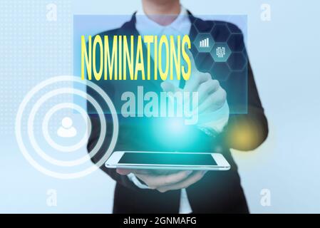 Text caption presenting Nominations. Word Written on action of nominating or state being nominated for prize Woman In Uniform Holding Mobile Phone Stock Photo