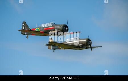 Gothenburg, Sweden - August 29 2009: SK16 Harvard, SE-FUD and SE-FVU at Göteborg Aero Show.. Stock Photo