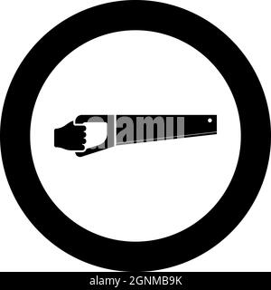 Wood saw in hand tool in use Arm for cutting Timber symbol Sawmill concept icon in circle round black color vector illustration solid outline style Stock Vector