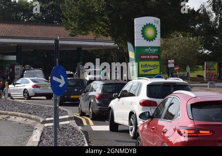 Cars queuing  for fuel at a BP filling station in the UK on Sept 26 2021 as thousands of British motorists continue to panic buy petrol and diesel Stock Photo