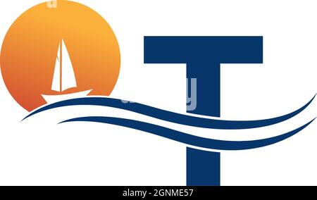 Letter T logo with ocean landscape icon template vector Stock Vector