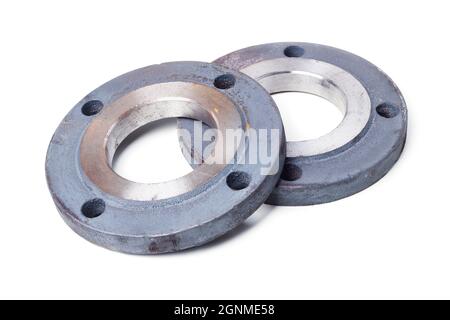 Steel flanges for pipeline installation isolated on white background Stock Photo