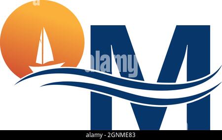 Letter M logo with ocean landscape icon template vector Stock Vector