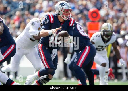 Sunday, September 26, 2021: New Orleans Saints quarterback Taysom Hill (7)  on the sideline during the NFL football game between the New Orleans Saints  and the New England Patriots at Gillette Stadium