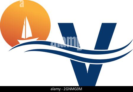 Letter V logo with ocean landscape icon template vector Stock Vector