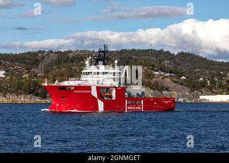 Offshore multi service standby rescue vessel Ocean Response outside port of Bergen, Norway. Stock Photo