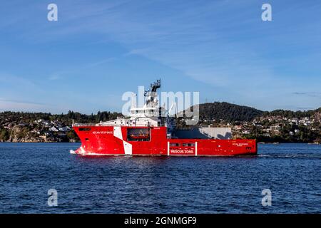 Offshore multi service standby rescue vessel Ocean Response outside port of Bergen, Norway. Stock Photo