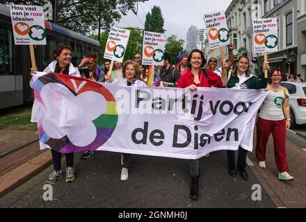 Demonstrators march with a large banner and placards reading ‘Animal Party' through the streets of Rotterdam during this year's gay pride march, ‘Proud Together 2021'.Rotterdam's Gay Pride' march takes place each year in mid-September and is one of the last major prides to be housed in Europe. Participants in this year's event: ‘PROUD TOGETHER' march drew a large crowd of thousands. The 2021 event was intended to draw attention and to gain greater acceptance of the LGBTI community. The march was prompted by recent hate and violence incidents against the LGBTI  community in Rotterdam, and other Stock Photo