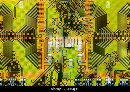 Golden high-speed printed circuit board close-up. Technology background Stock Photo