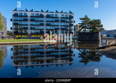 The Mansion House apartment block, from the Cotton Field Park marina, New Islington, Ancoats, Manchester, England, UK Stock Photo