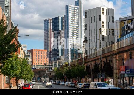 The Circle Square, Unite Students and Cambridge Street apartment blocks from Whitworth St. West, Manchester, UK Stock Photo