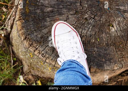 Foot in a white boot on a tree stump in the forest Stock Photo
