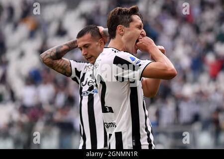Torino, Italy. 26th Sep, 2021. Federico Chiesa of Juventus FC reacts during the Serie A 2021/2022 football match between Juventus FC and US Sampdoria at Juventus stadium in Torino (Italy), September 26th, 2021. Photo Federico Tardito/Insidefoto Credit: insidefoto srl/Alamy Live News Stock Photo