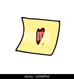 Doodle yellow sticker with heart. Hand-drawn outline notepaper isolated on white background. Sign of congratulation, message, wedding, Valentines Day, Stock Vector