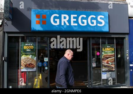 London, UK. 09th Sep, 2021. A man walks past a branch of Greggs. (Photo by Dinendra Haria/SOPA Images/Sipa USA) Credit: Sipa USA/Alamy Live News Stock Photo