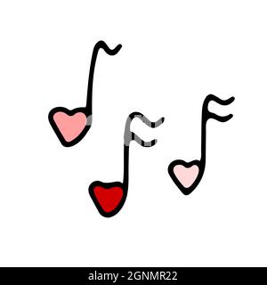Doodle Valentines cute red and pink musical signs. Hand-drawn love sound symbol on white background. Outline Note in the shape of a heart. Wedding, fe Stock Vector